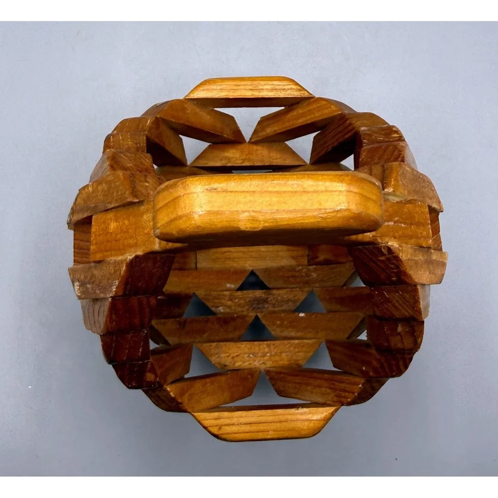 Vintage Folk Art Geometric Interlocking Wood Planter Basket MCM Handle Brown 9in